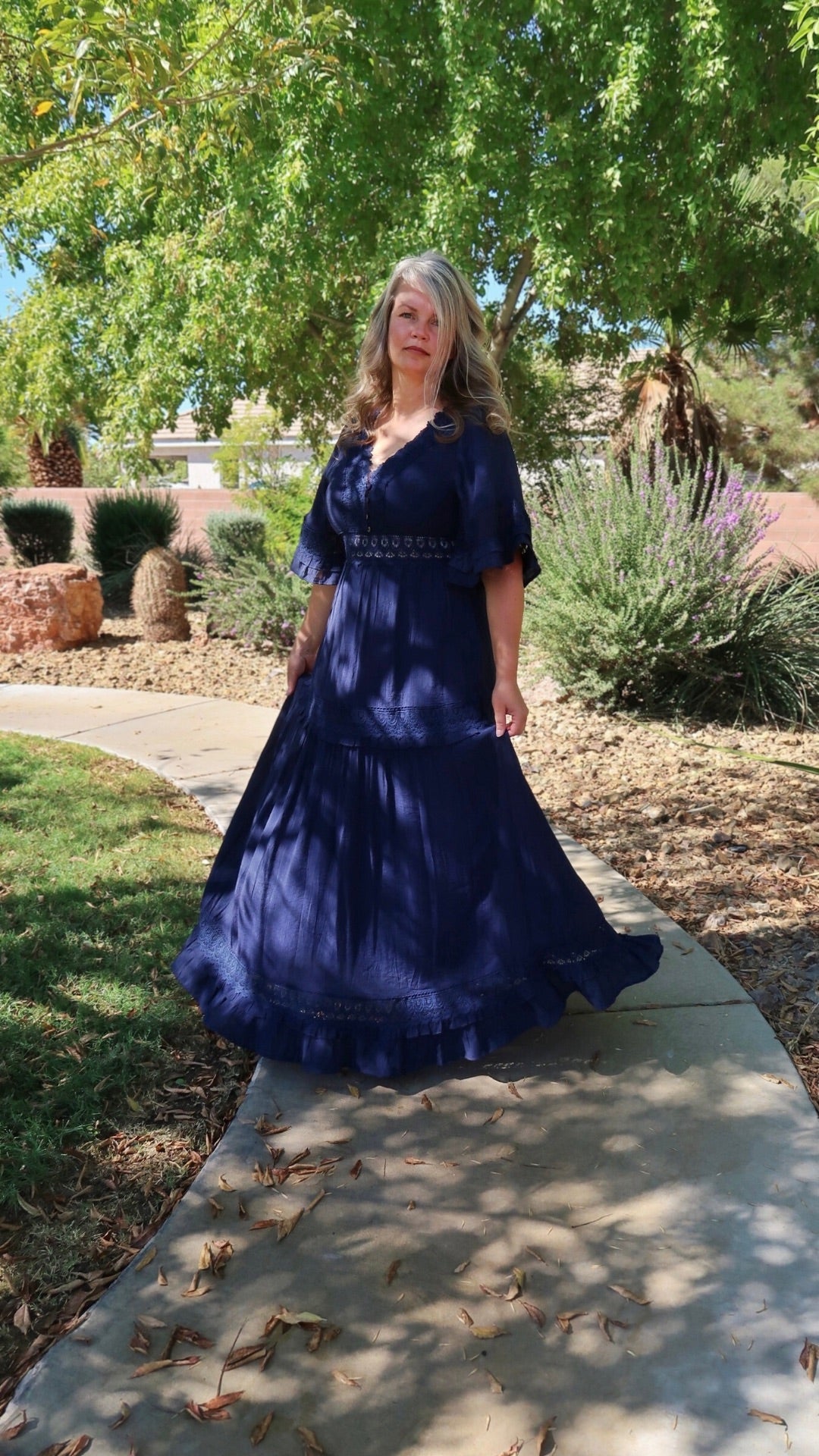 Meet Me In Paris Navy Lace Trim Maxi Dress- Alohi Gold Apparel