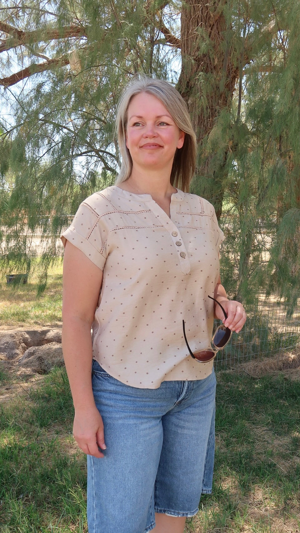 Polka Dot Half Button Top- Alohi Gold Apparel