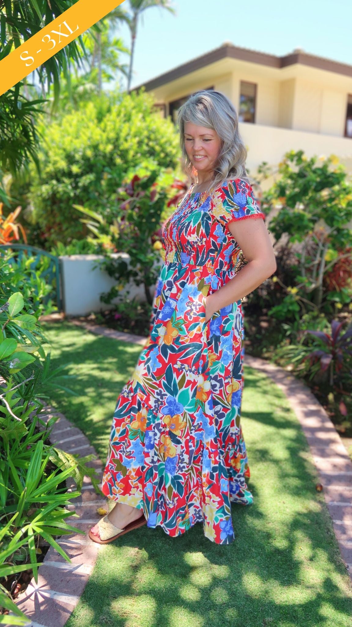 Red Tropical Dress Alohi Gold Apparel Red Tropical Dress Alohi Gold Apparel