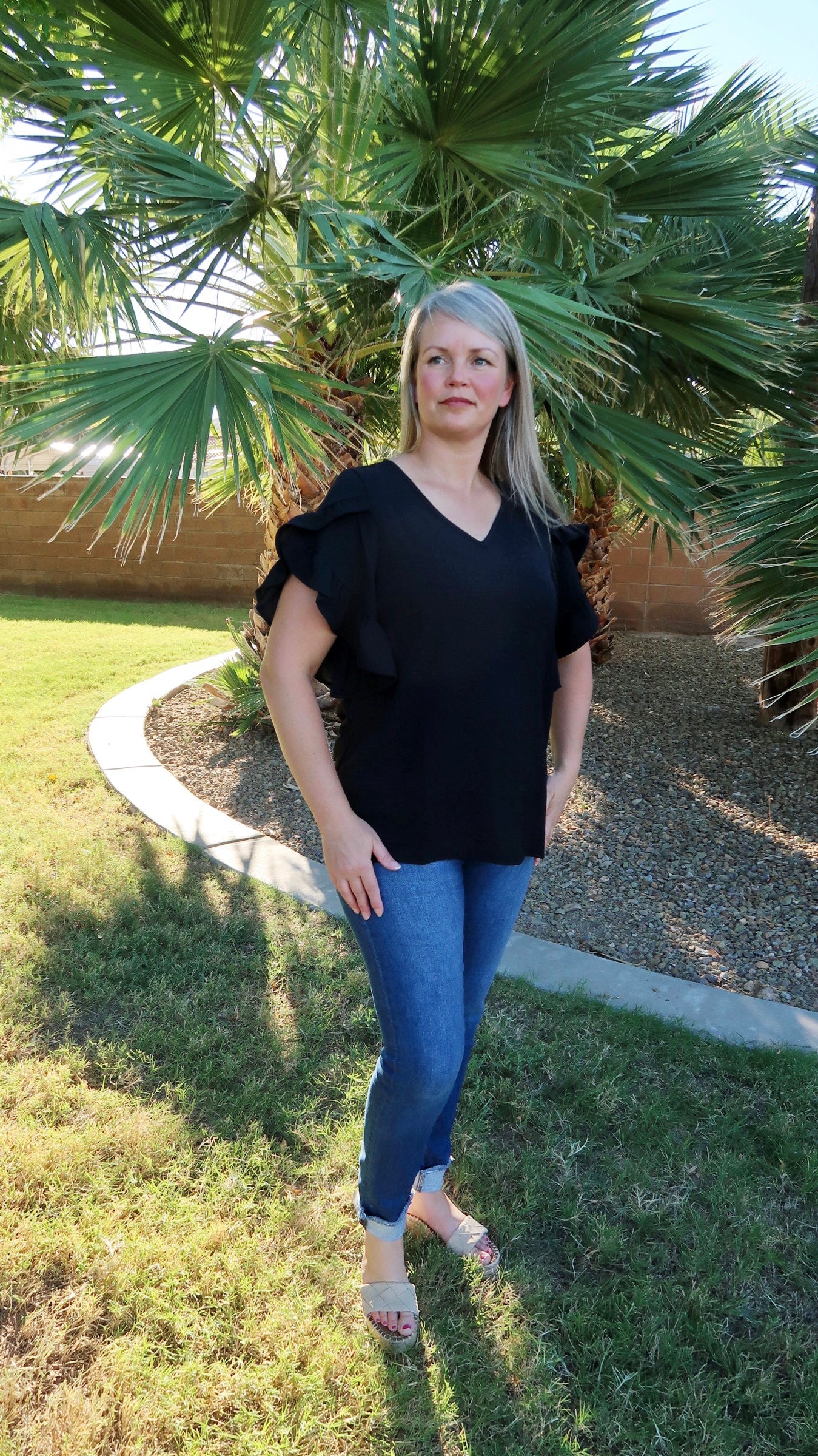 Black Ruffle Sleeve Top