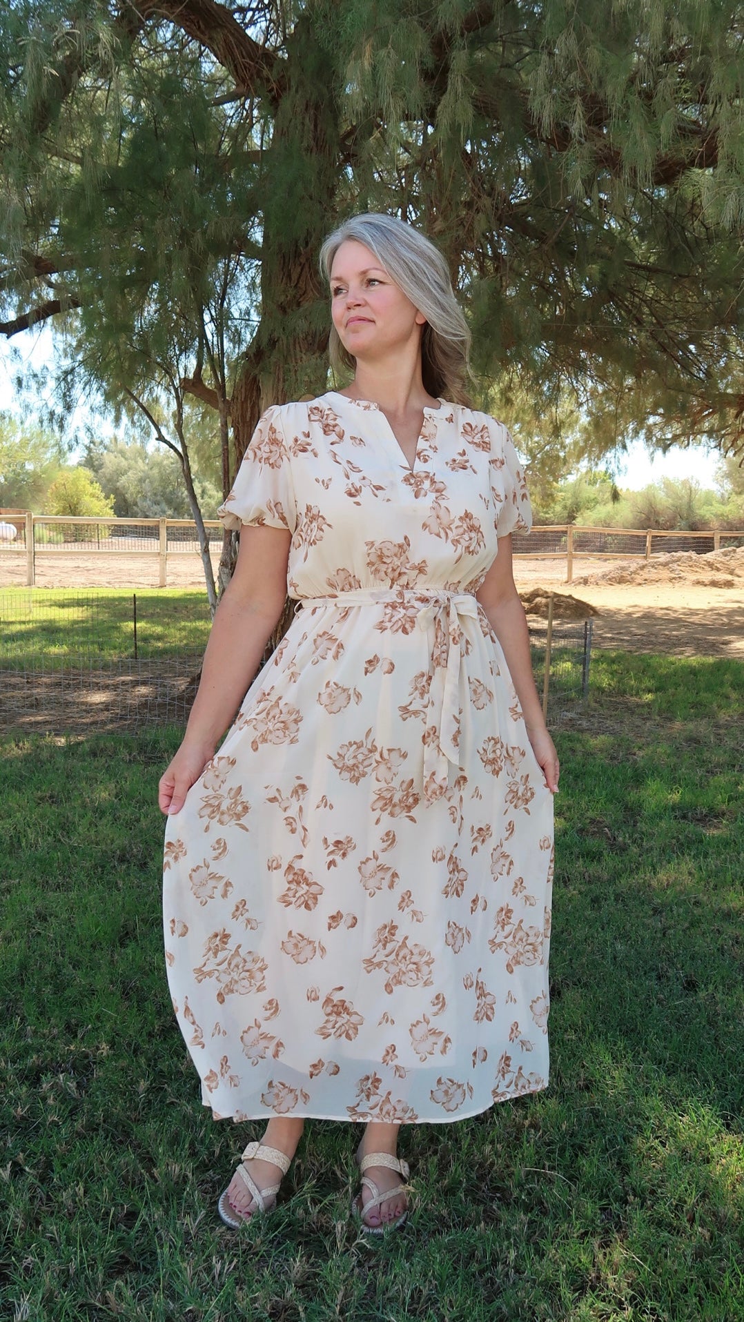 Fall Flowers Light Taupe Midi Dress- Alohi Gold Apparel