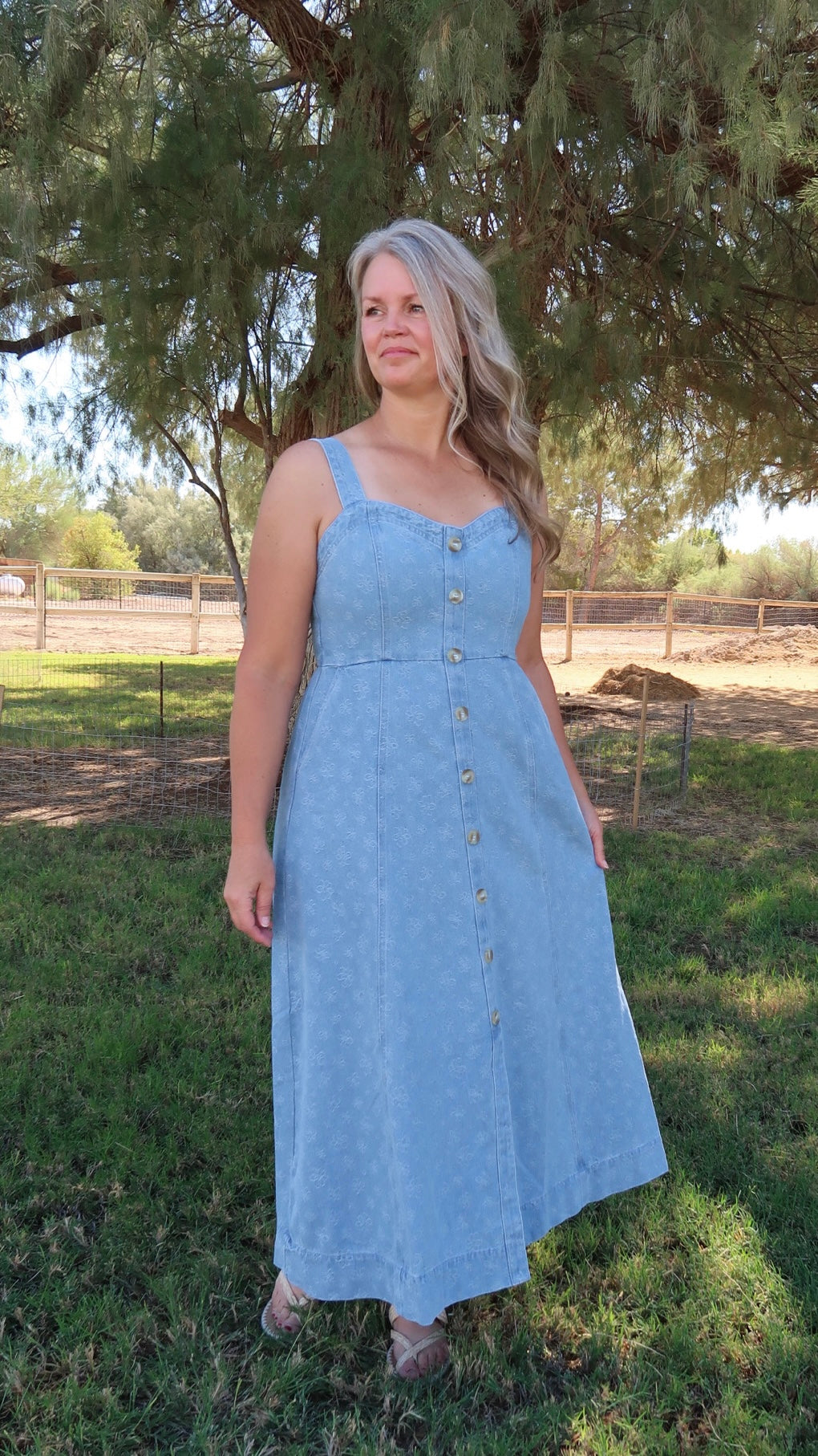 Light Denim Pinafore Midi Dress- Alohi Gold Apparel