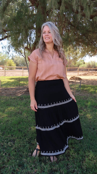 Black Embroidered Tiered Midi Skirt- Alohi Gold Apparel