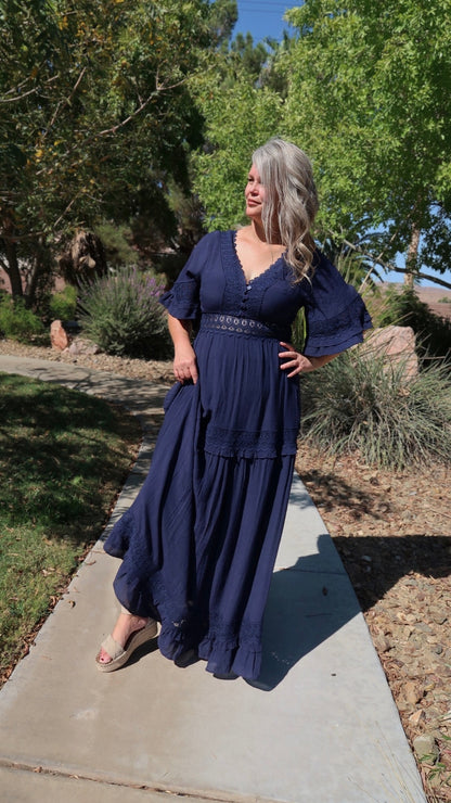 Meet Me In Paris Navy Lace Trim Maxi Dress- Alohi Gold Apparel