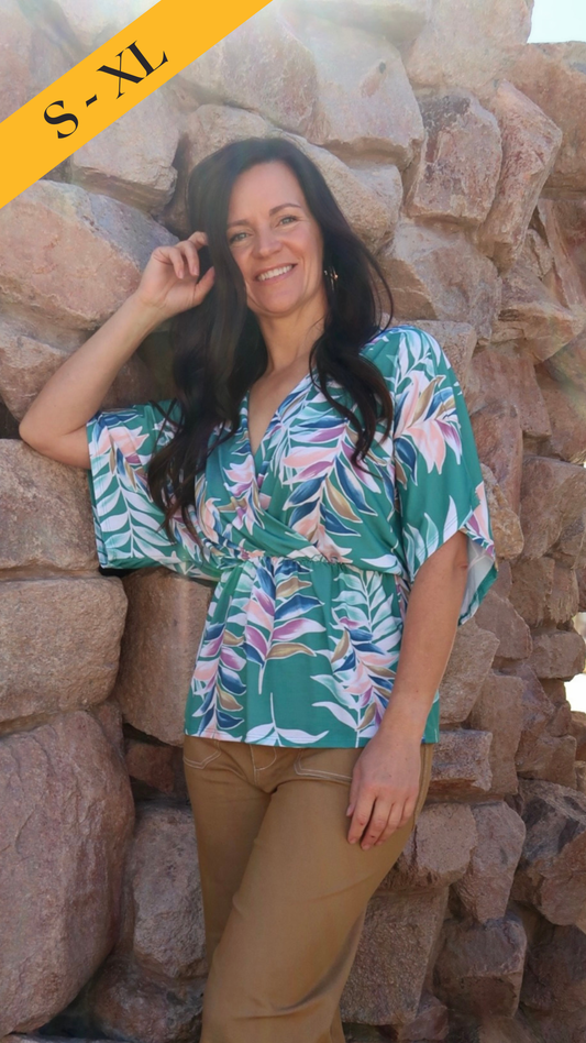 Tropical Rainbow- Kimono Sleeve- Faux Wrap Top