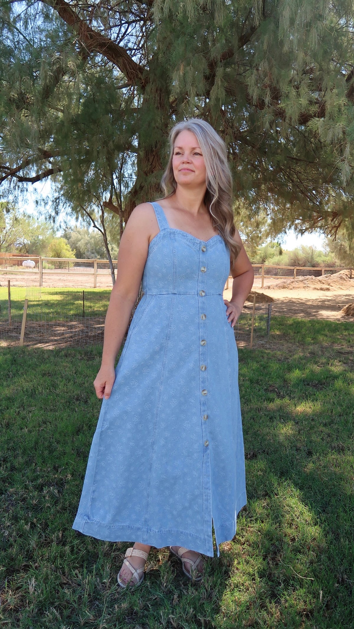 Light Denim Pinafore Midi Dress- Alohi Gold Apparel