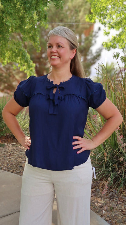 Navy Scallop Trim Top