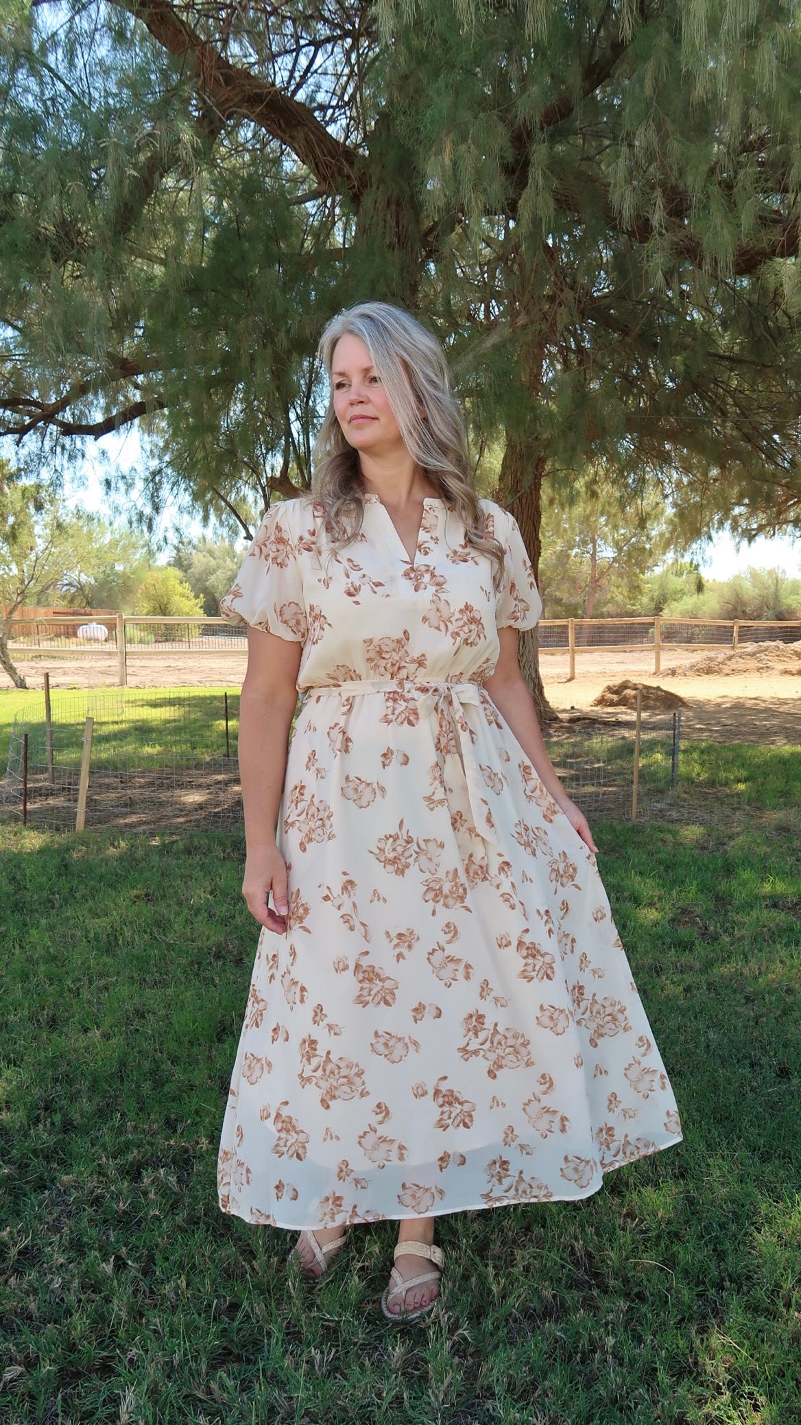 Fall Flowers Light Taupe Midi Dress- Alohi Gold Apparel