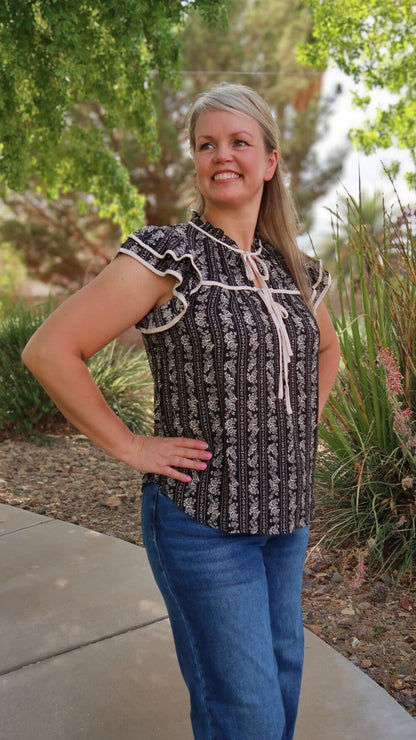 Black Floral Tie Front Top
