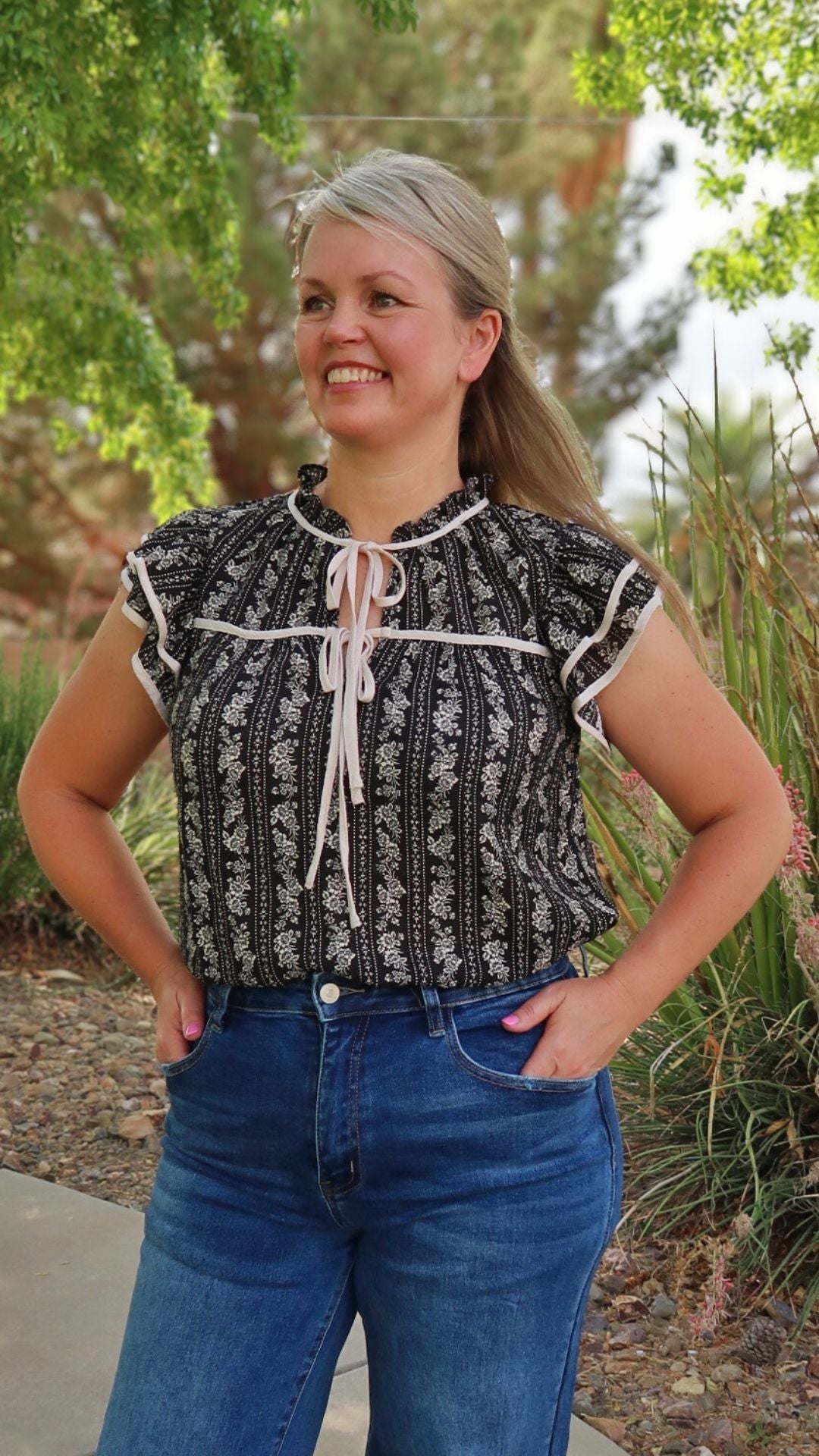 Black Floral Tie Front Top- Alohi Gold Apparel 