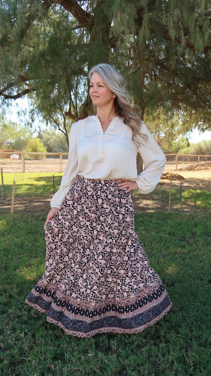 Paisley Print Midi Skirt- Alohi Gold Apparel