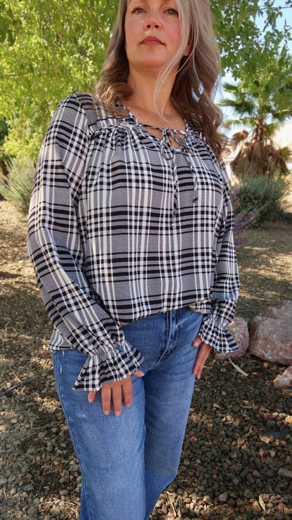 Black and White Plaid Long Sleeve Top- Alohi Gold Apparel