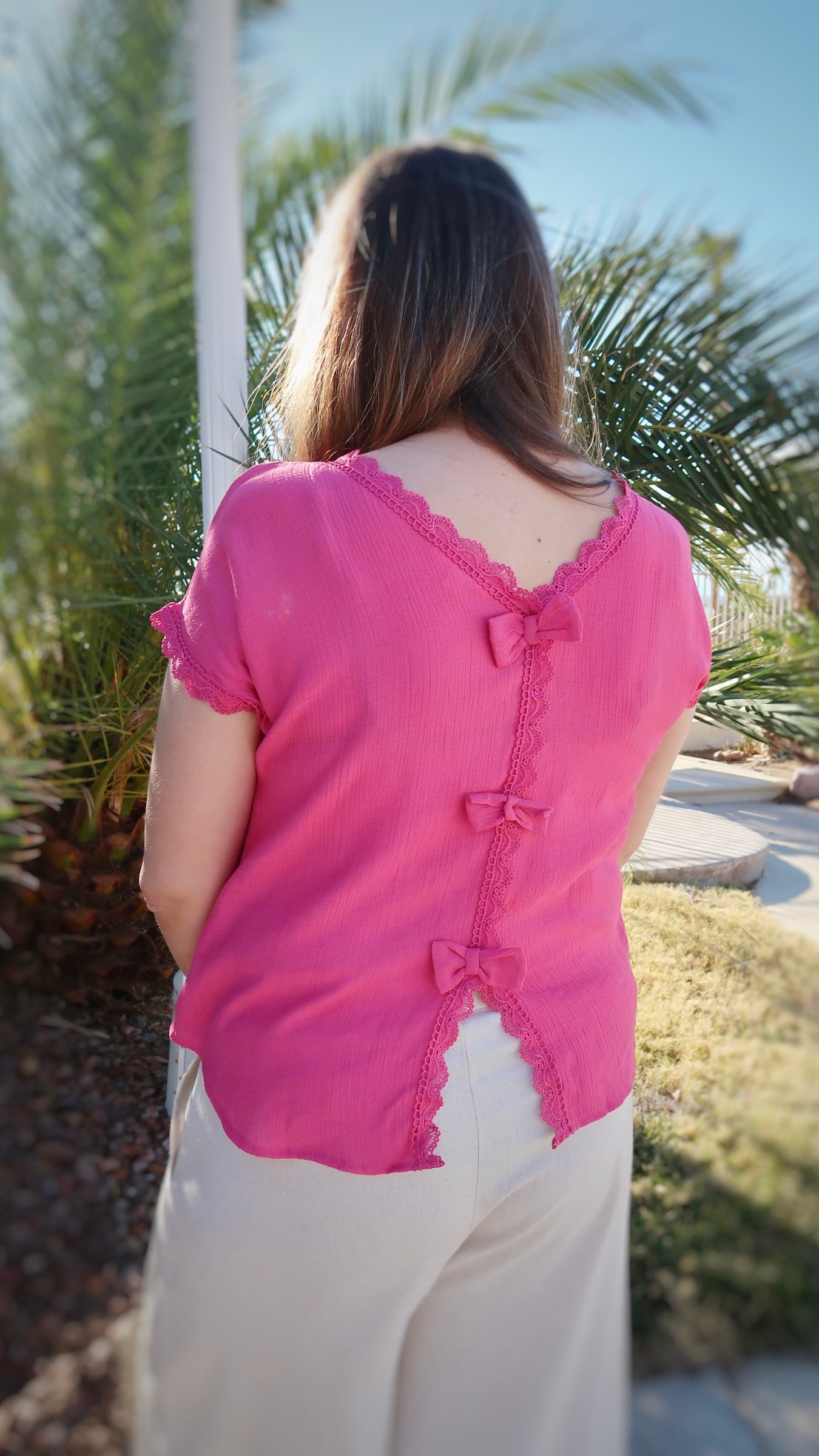 Delicate Lace Trim Bow Back Top