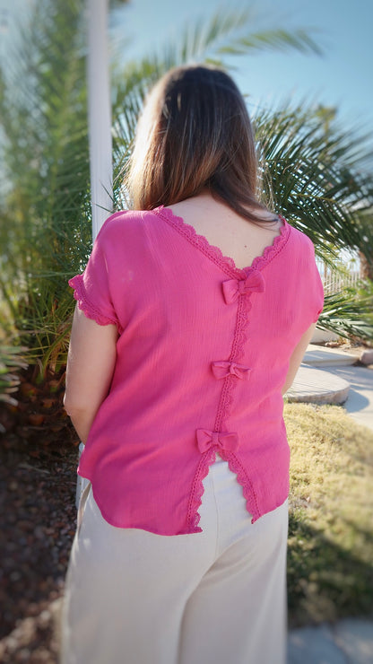Delicate Lace Trim Bow Back Top