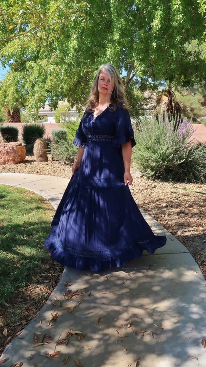 Meet Me In Paris Navy Lace Trim Maxi Dress- Alohi Gold Apparel