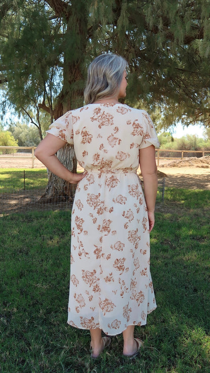 Fall Flowers Light Taupe Midi Dress- Alohi Gold Apparel