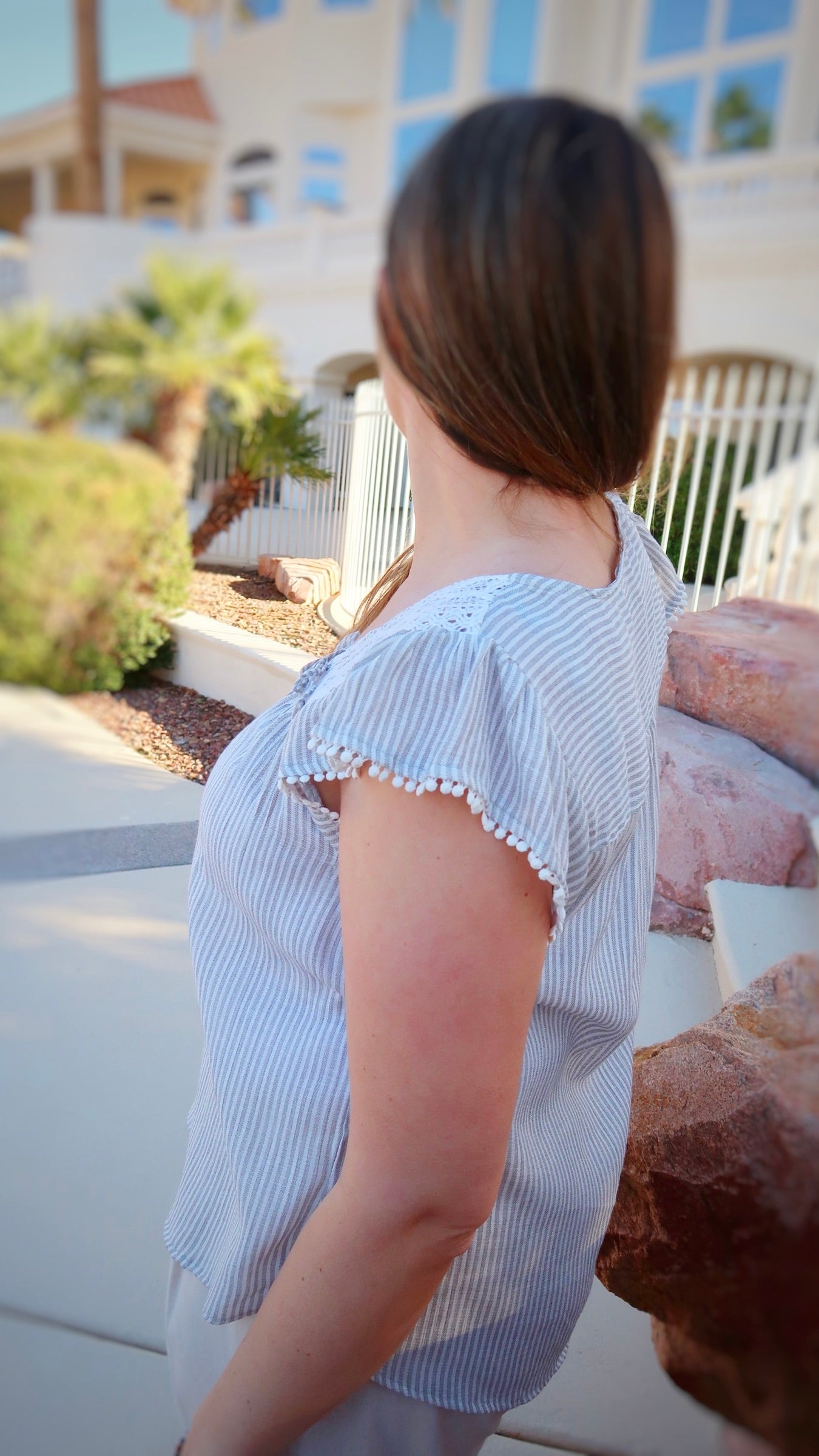 Delicate Trim Grey Stripe Top