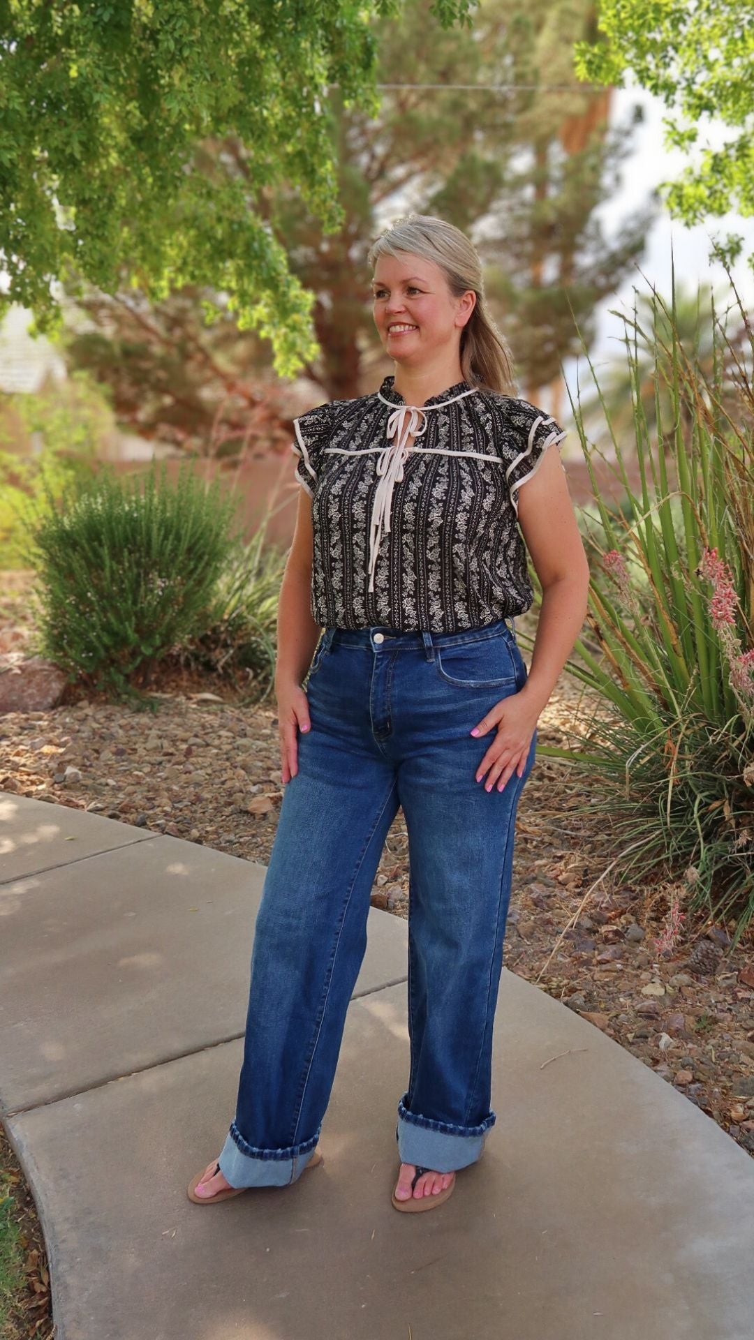 Black Floral Tie Front Top