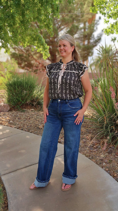Black Floral Tie Front Top