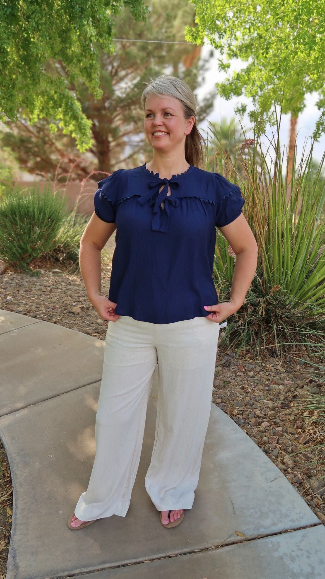 Navy Scallop Trim Top- Alohi Gold Apparel 