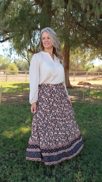 Paisley Print Midi Skirt- Alohi Gold Apparel