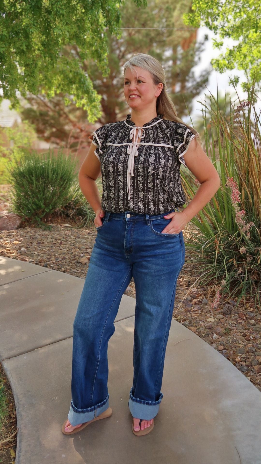 Black Floral Tie Front Top