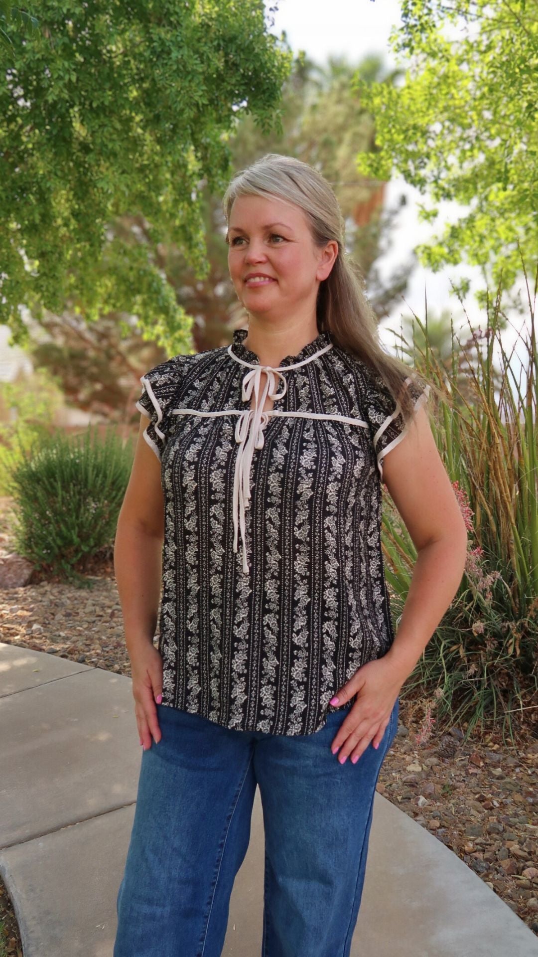 Black Floral Tie Front Top