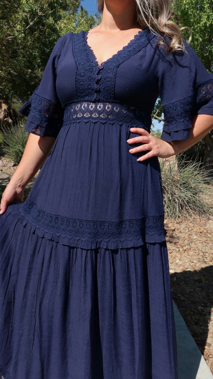 Meet Me In Paris Navy Lace Trim Maxi Dress- Alohi Gold Apparel