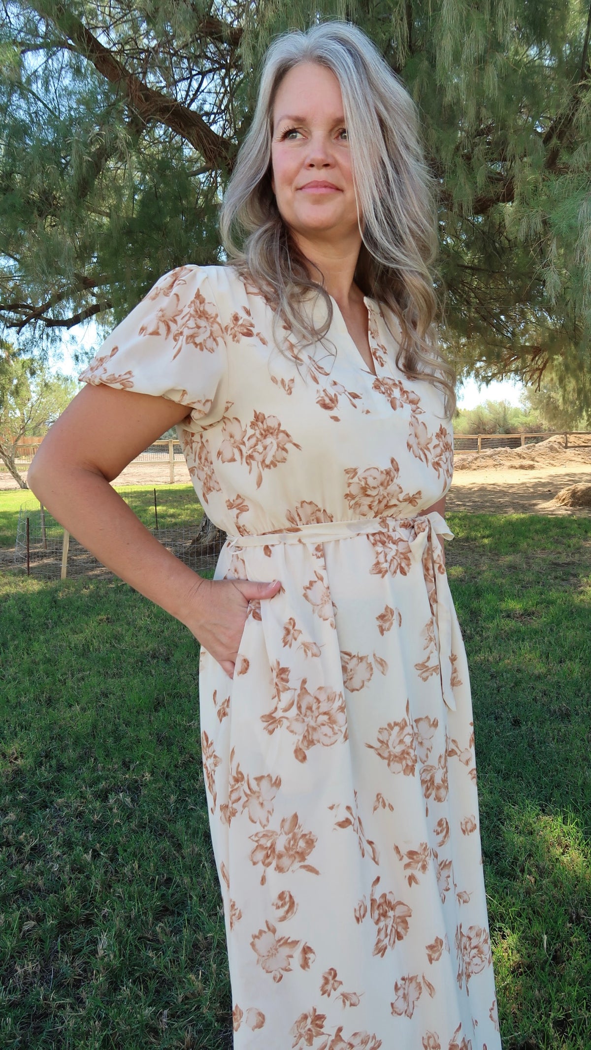 Fall Flowers Light Taupe Midi Dress- Alohi Gold Apparel