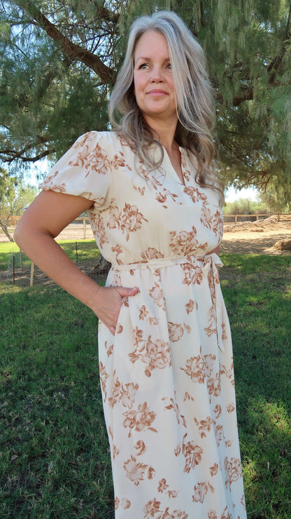 Fall Flowers Light Taupe Midi Dress- Alohi Gold Apparel