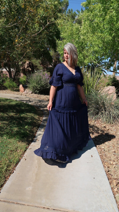 Meet Me In Paris Navy Lace Trim Maxi Dress- Alohi Gold Apparel