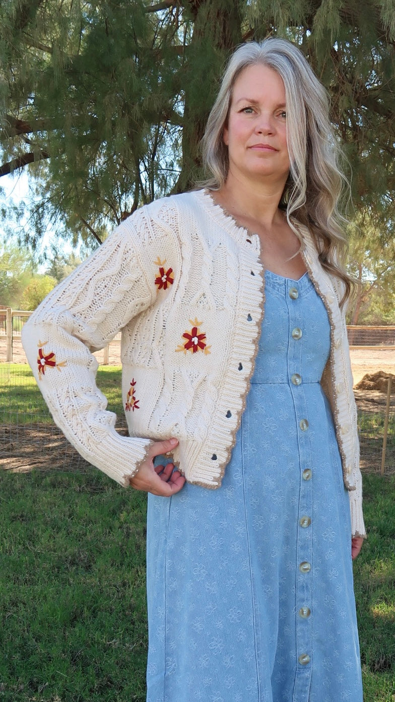 Cable Knit Cardigan With Scalloped Edging- Alohi Gold Apparel