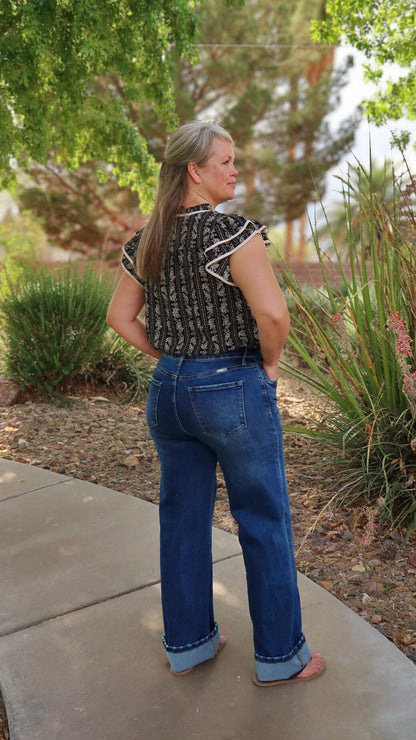 Black Floral Tie Front Top