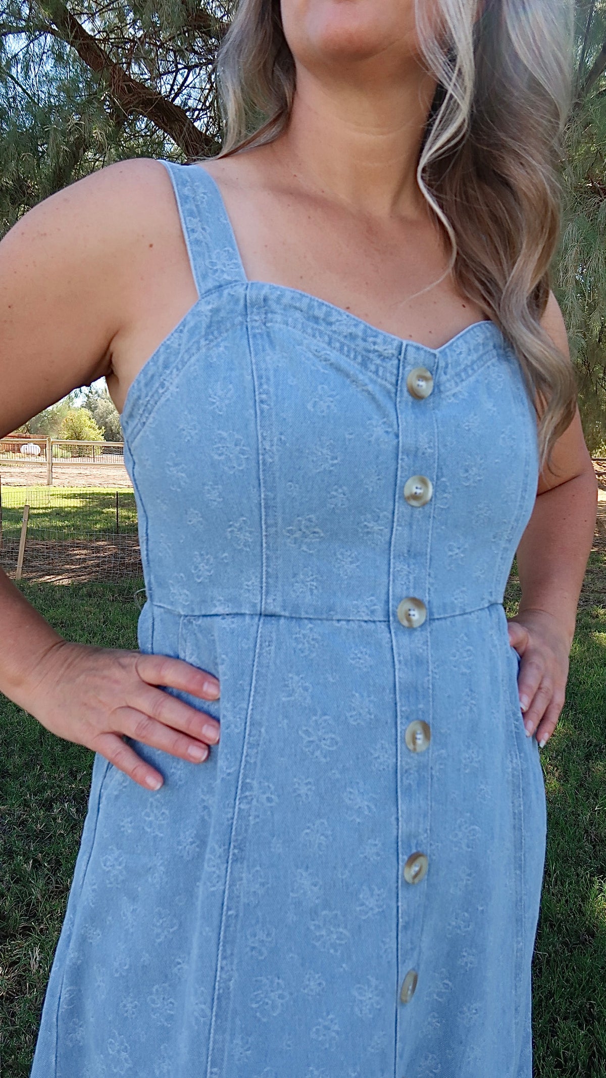 Light Denim Pinafore Midi Dress- Alohi Gold Apparel
