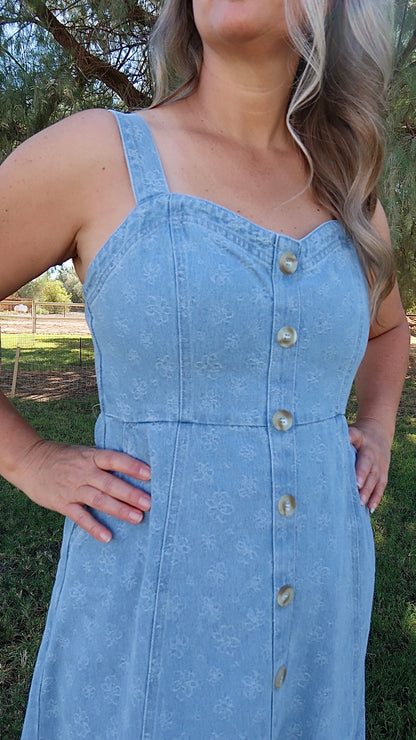 Light Denim Pinafore Midi Dress- Alohi Gold Apparel