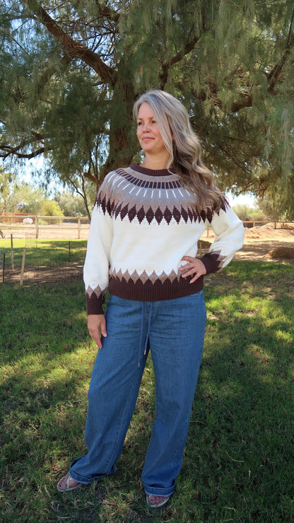 Fair Isle Style Long Sleeve Sweater- Aohi Gold Apparel