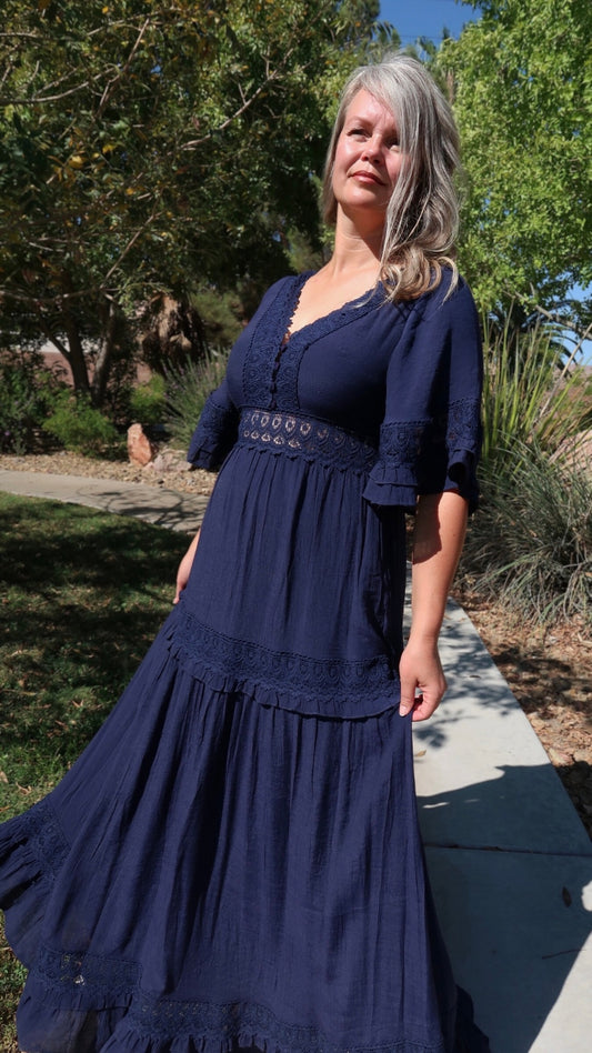 Meet Me In Paris Navy Lace Trim Maxi Dress- Alohi Gold Apparel