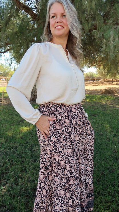 Paisley Print Midi Skirt- Alohi Gold Apparel