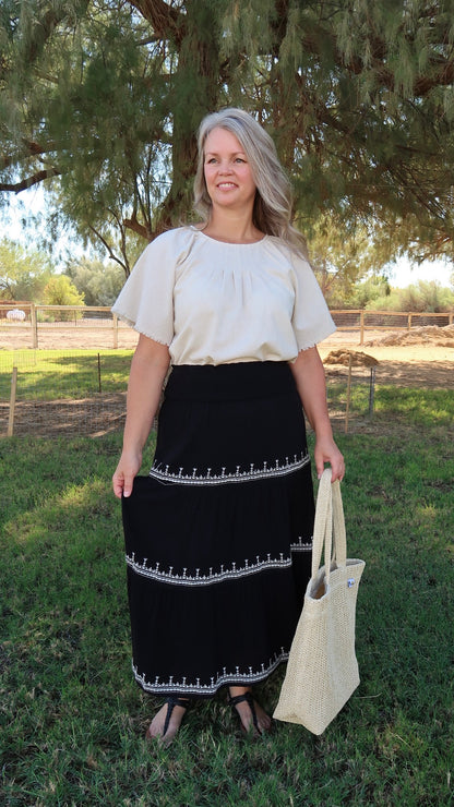 Black Embroidered Tiered Midi Skirt- Alohi Gold Apparel