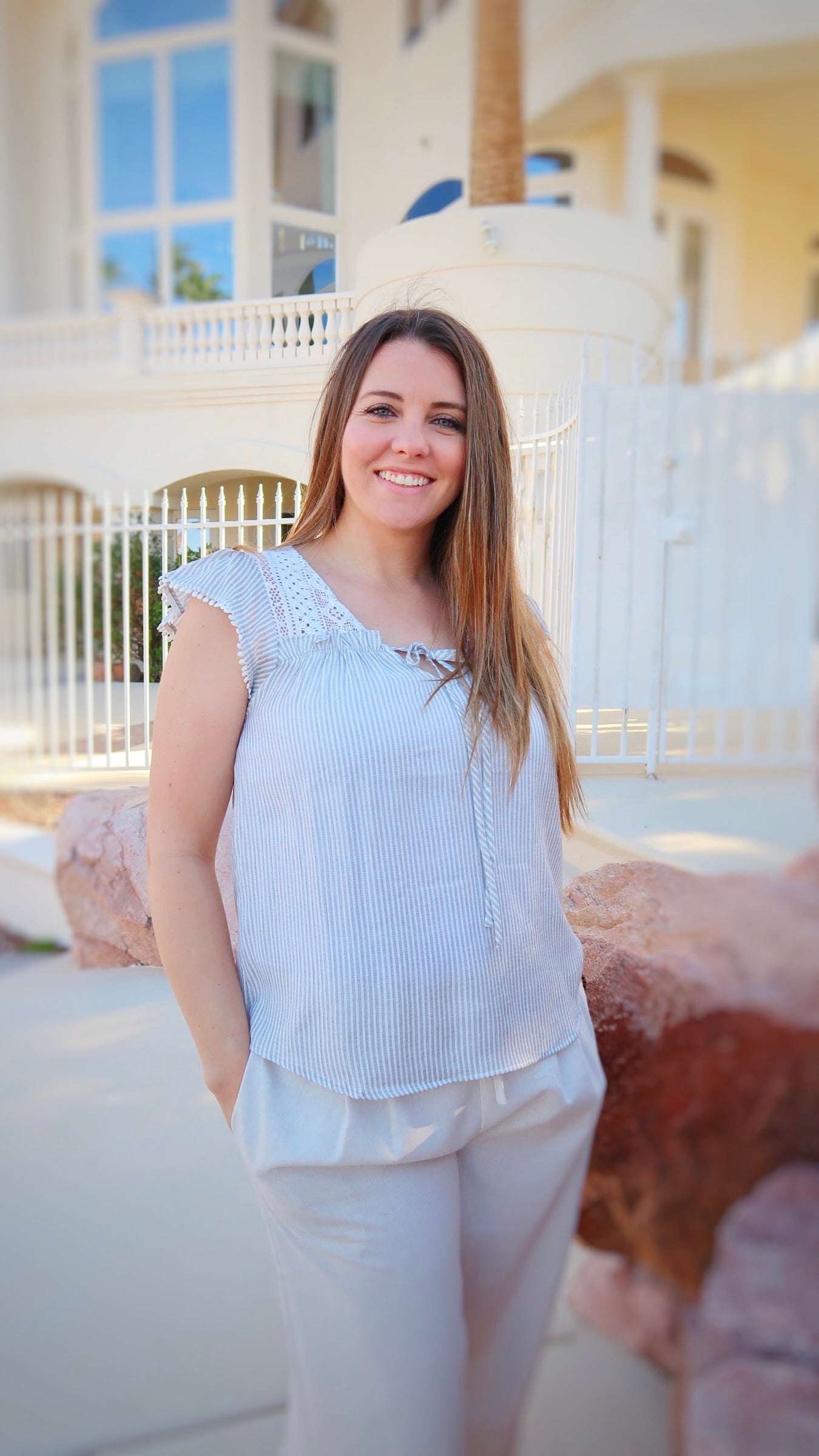 Delicate Trim Grey Stripe Top