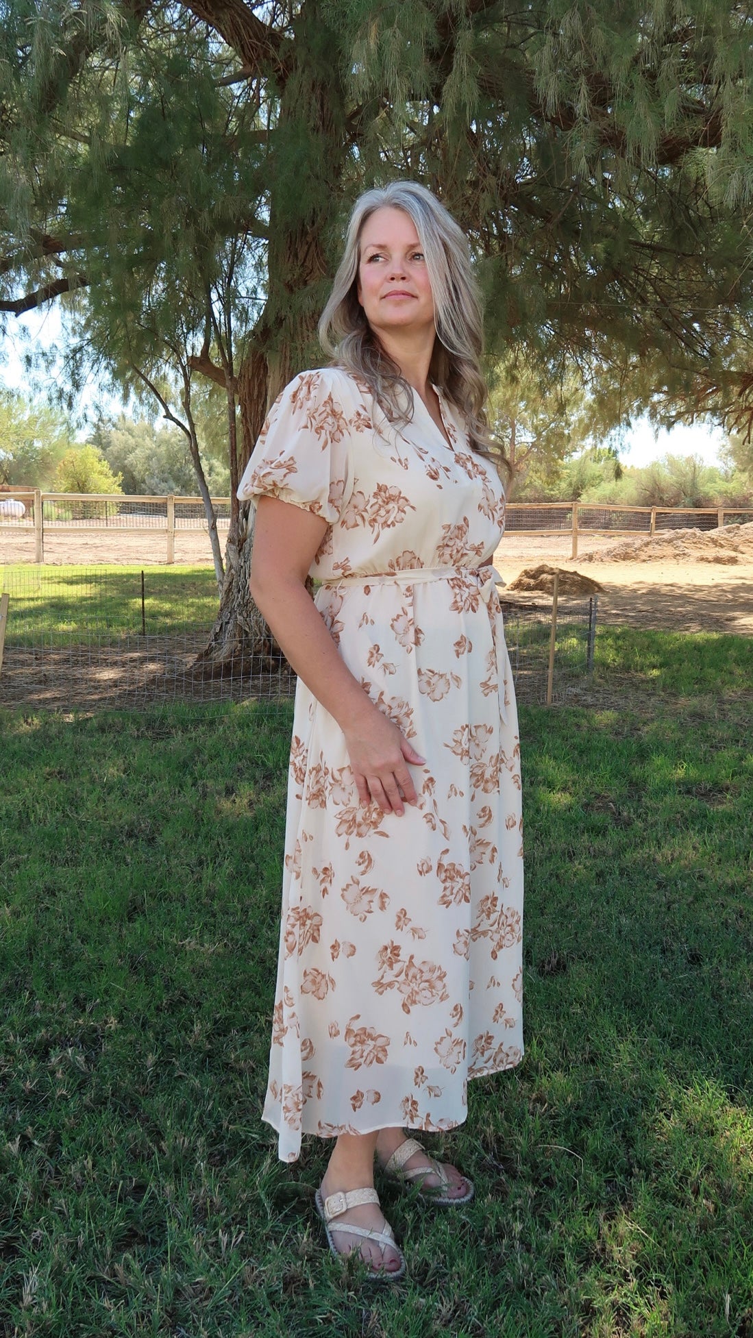Fall Flowers Light Taupe Midi Dress- Alohi Gold Apparel