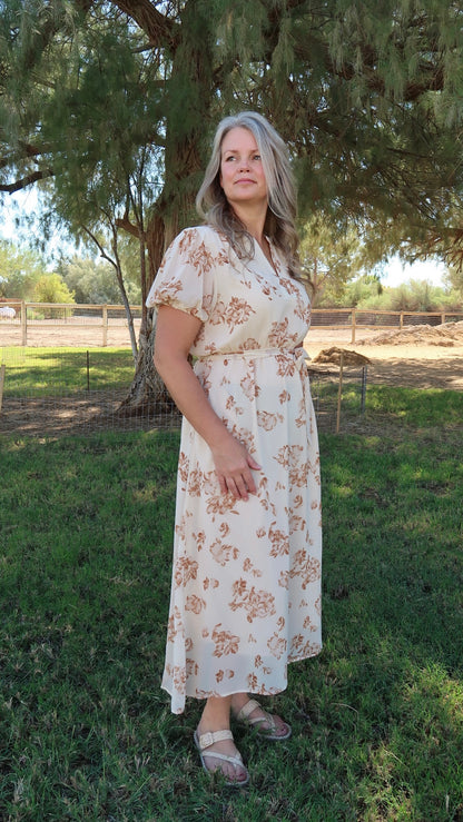 Fall Flowers Light Taupe Midi Dress- Alohi Gold Apparel