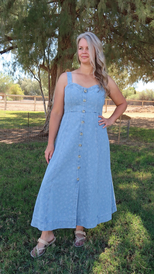 Light Denim Pinafore Midi Dress- Alohi Gold Apparel