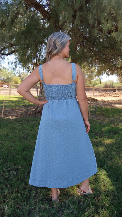 Light Denim Pinafore Midi Dress- Alohi Gold Apparel
