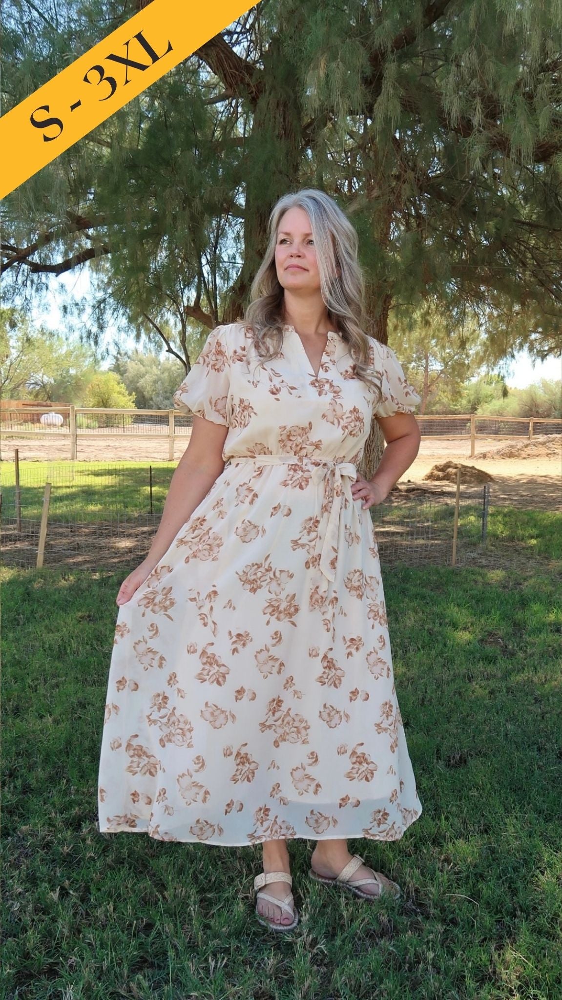 Fall Flowers Light Taupe Midi Dress- Alohi Gold Apparel