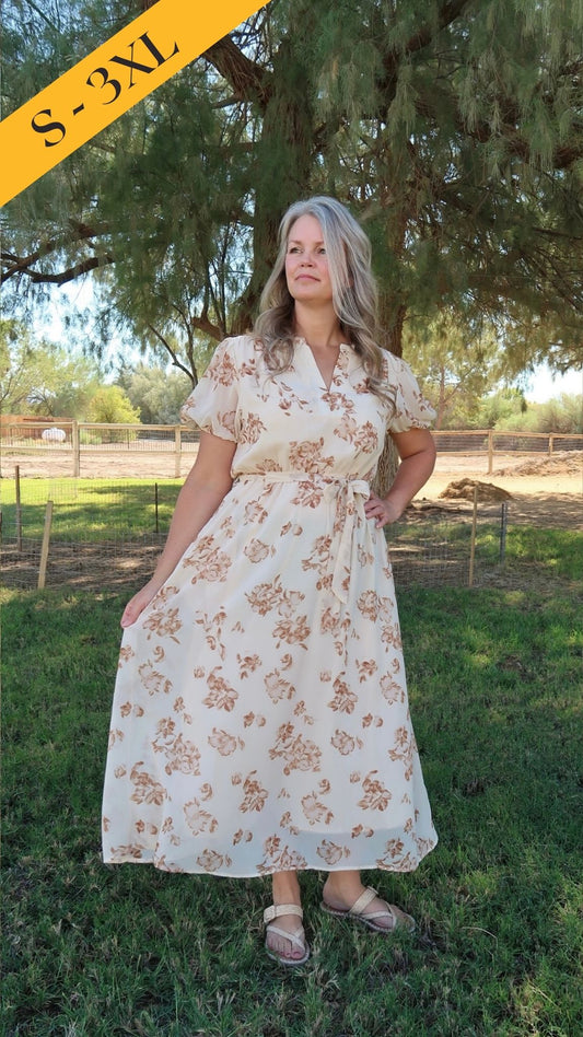 Fall Flowers Light Taupe Midi Dress- Alohi Gold Apparel