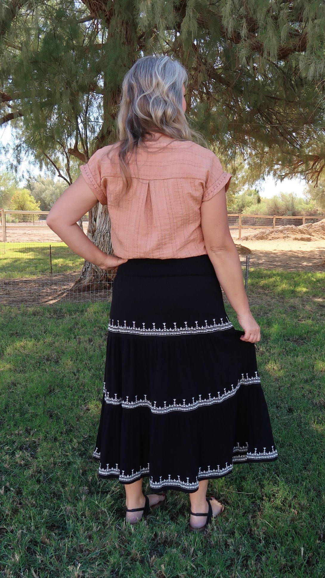 Black Embroidered Tiered Midi Skirt- Alohi Gold Apparel