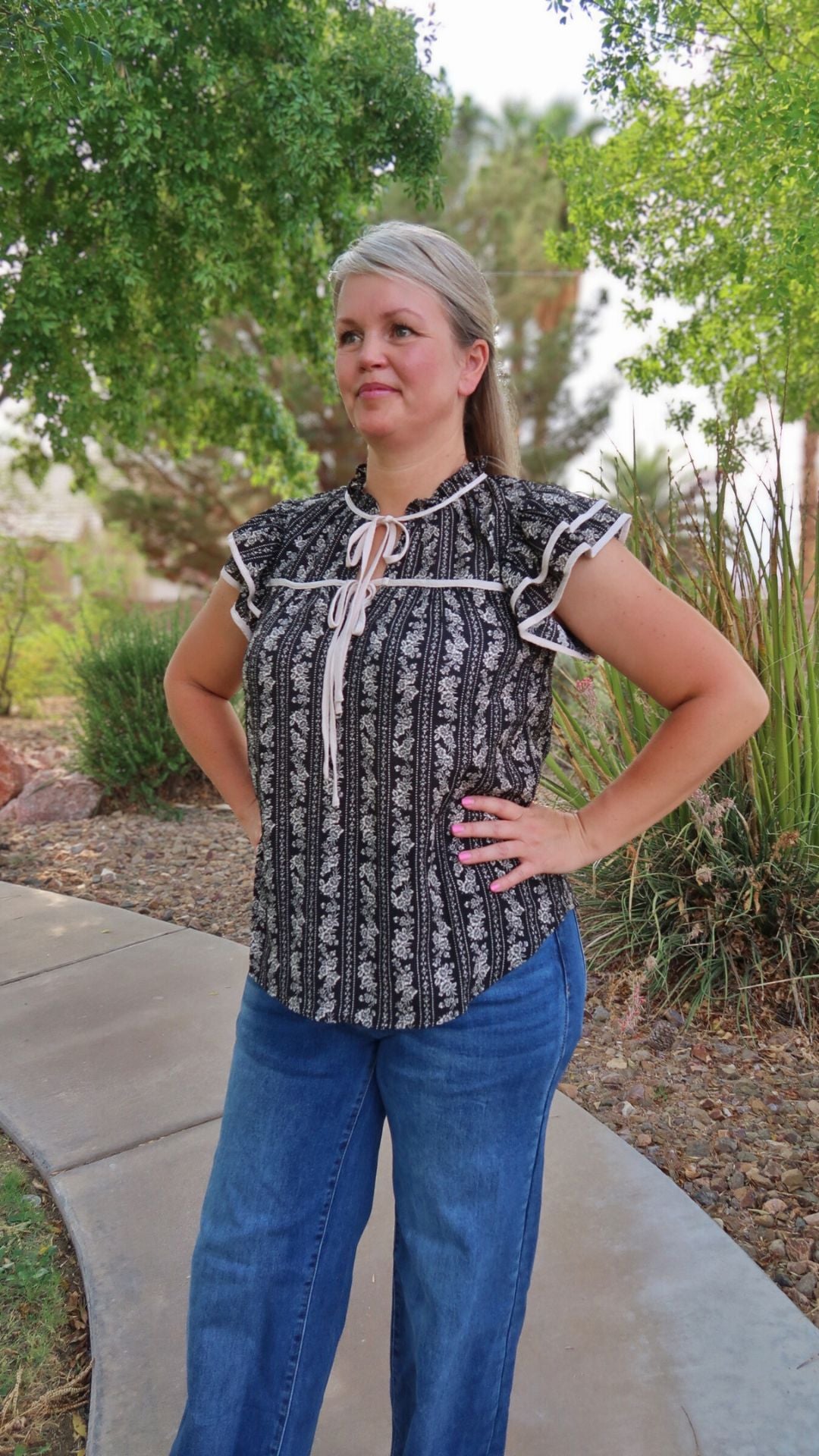 Black Floral Tie Front Top