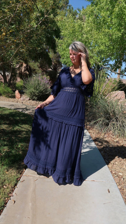 Meet Me In Paris Navy Lace Trim Maxi Dress- Alohi Gold Apparel