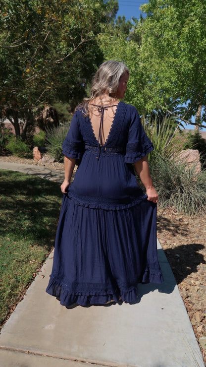 Meet Me In Paris Navy Lace Trim Maxi Dress- Alohi Gold Apparel